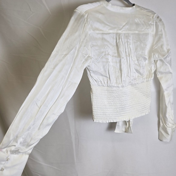 By Anthropologie V-Neck Tie Waist Smocked Blouse, White, S, Cottagecore Coquette - Picture 12 of 12